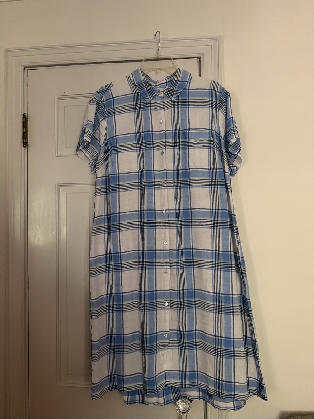 JJill Blue and White Plaid Button-Front Linen Dress, Size XL